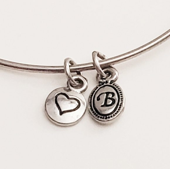 Retired Brighton Heart & B Charm Silvertone Adjustable Bangle Bracelet - Picture 3 of 4